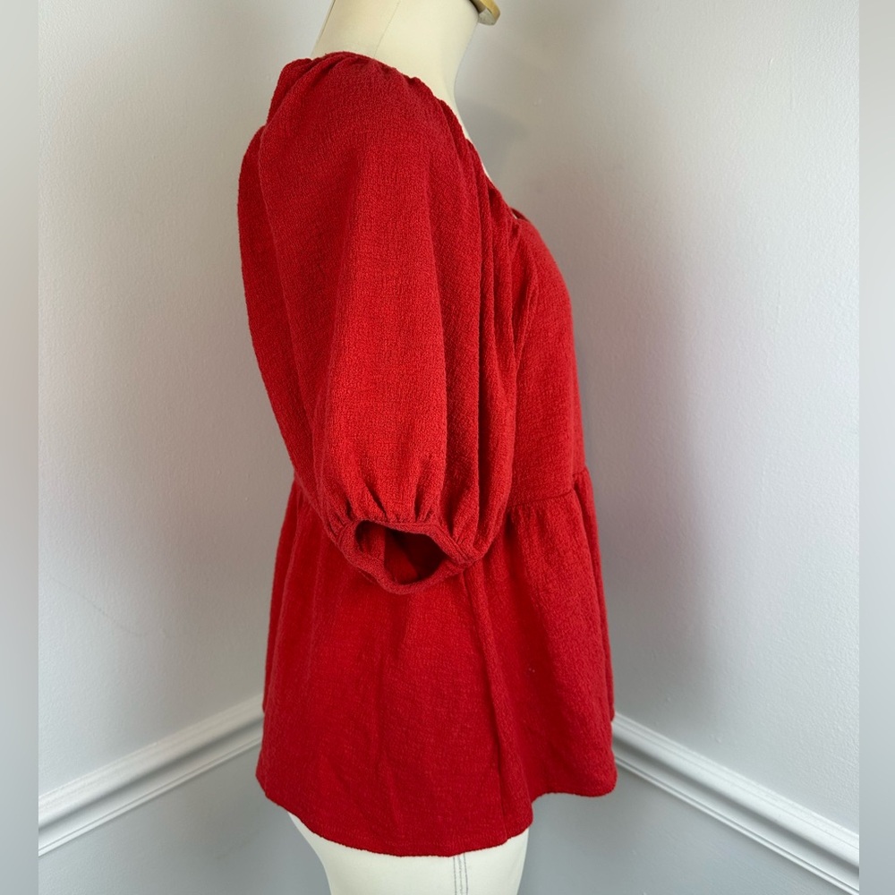 MADEWELL Red Square Neck Puffy Sleeve Babydoll Top | Size Medium - Picture 7 of 11